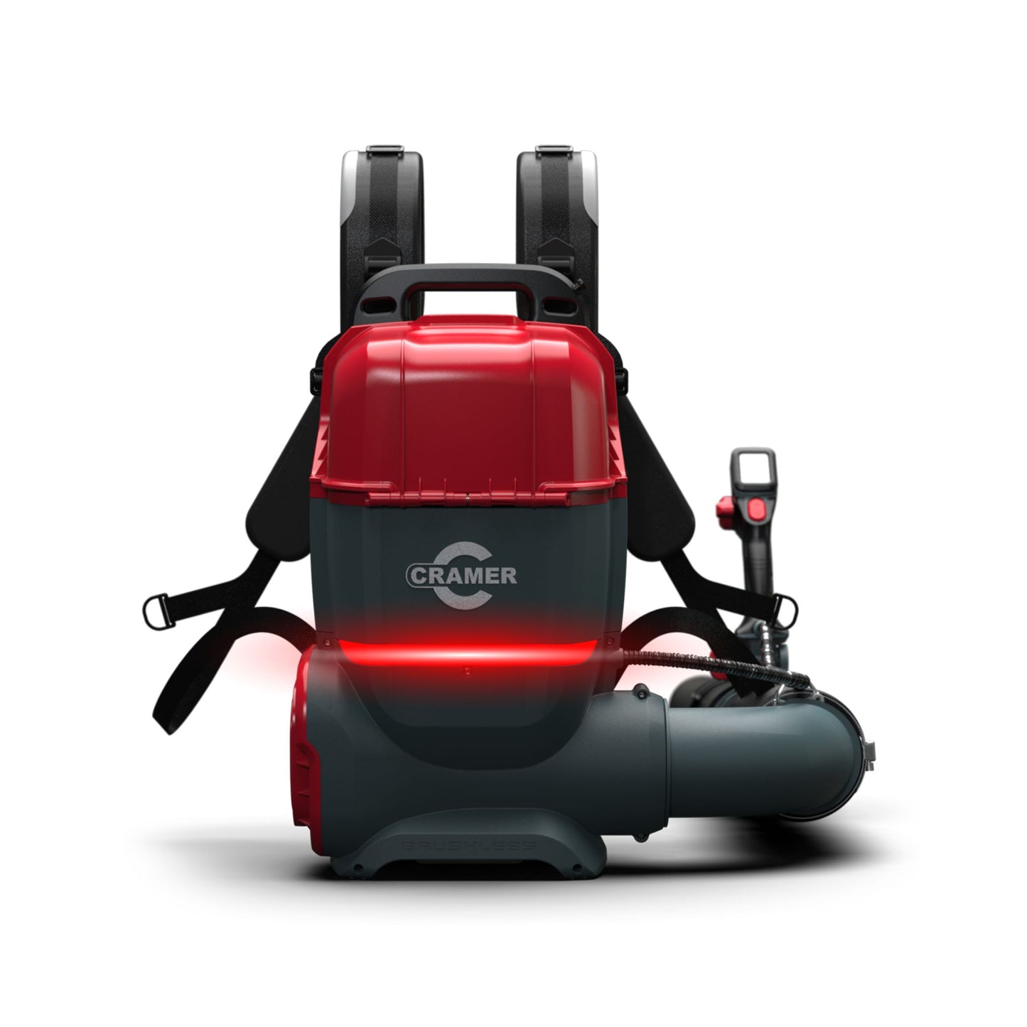 Backpack vacuum cleaner with red and black design on a white background