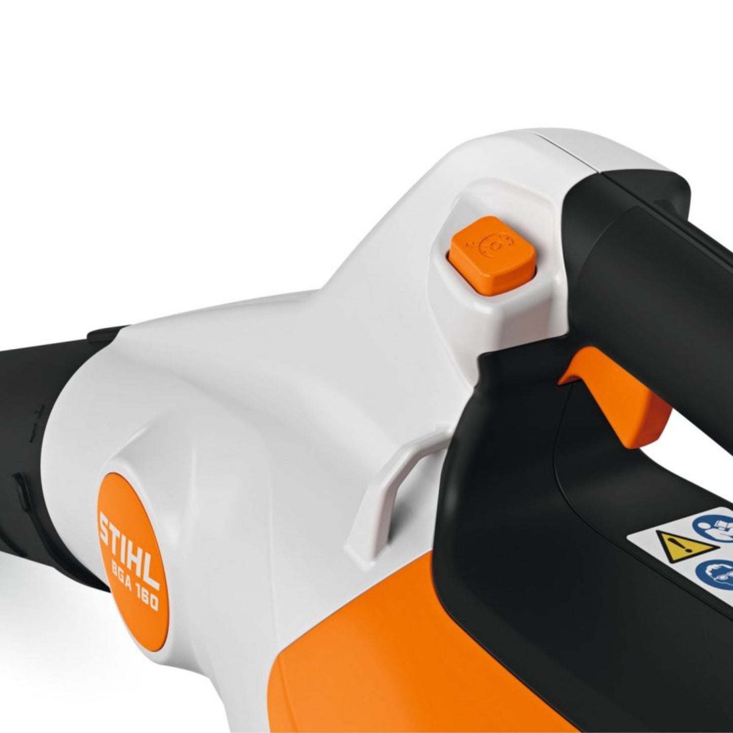 Close-up of a Stihl power tool with orange and black design on a white background