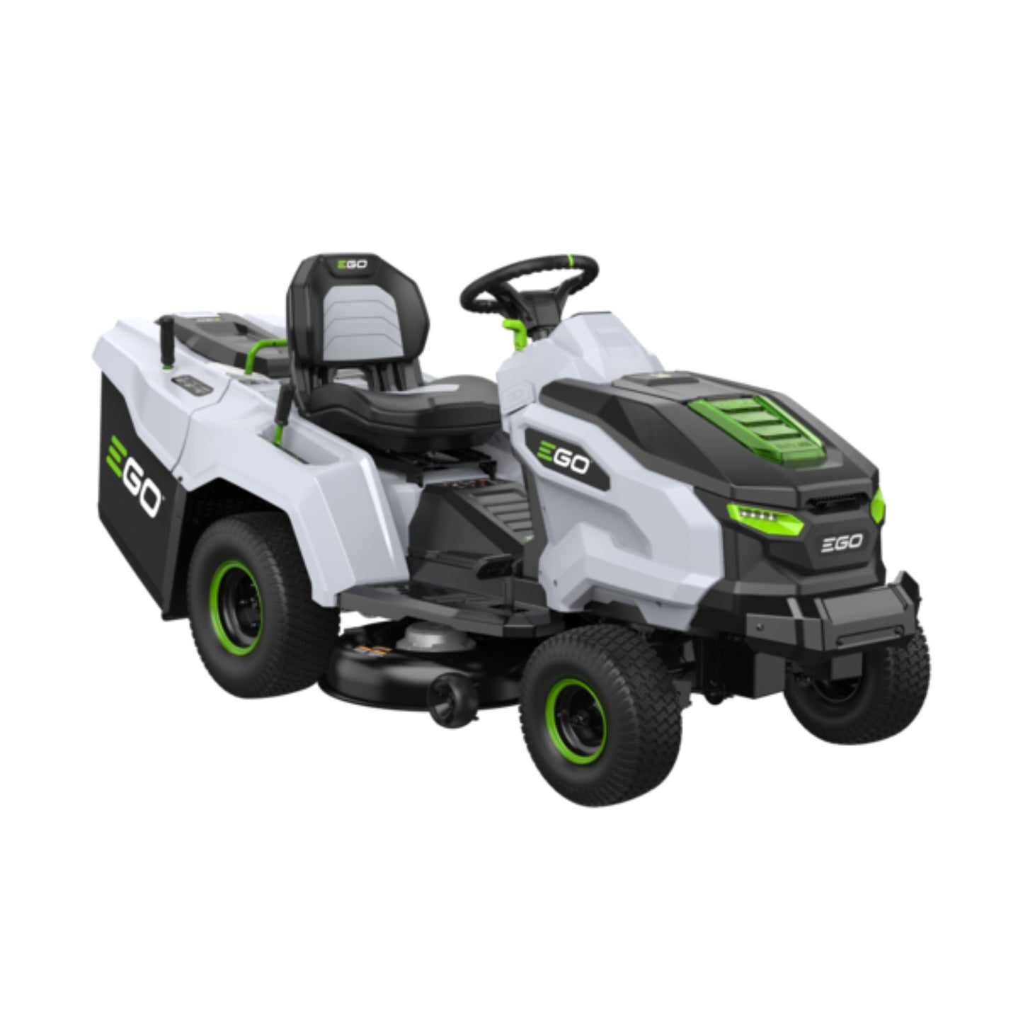 Ego battery powered ride on mower with grey body and green detailing TR3801E-B
