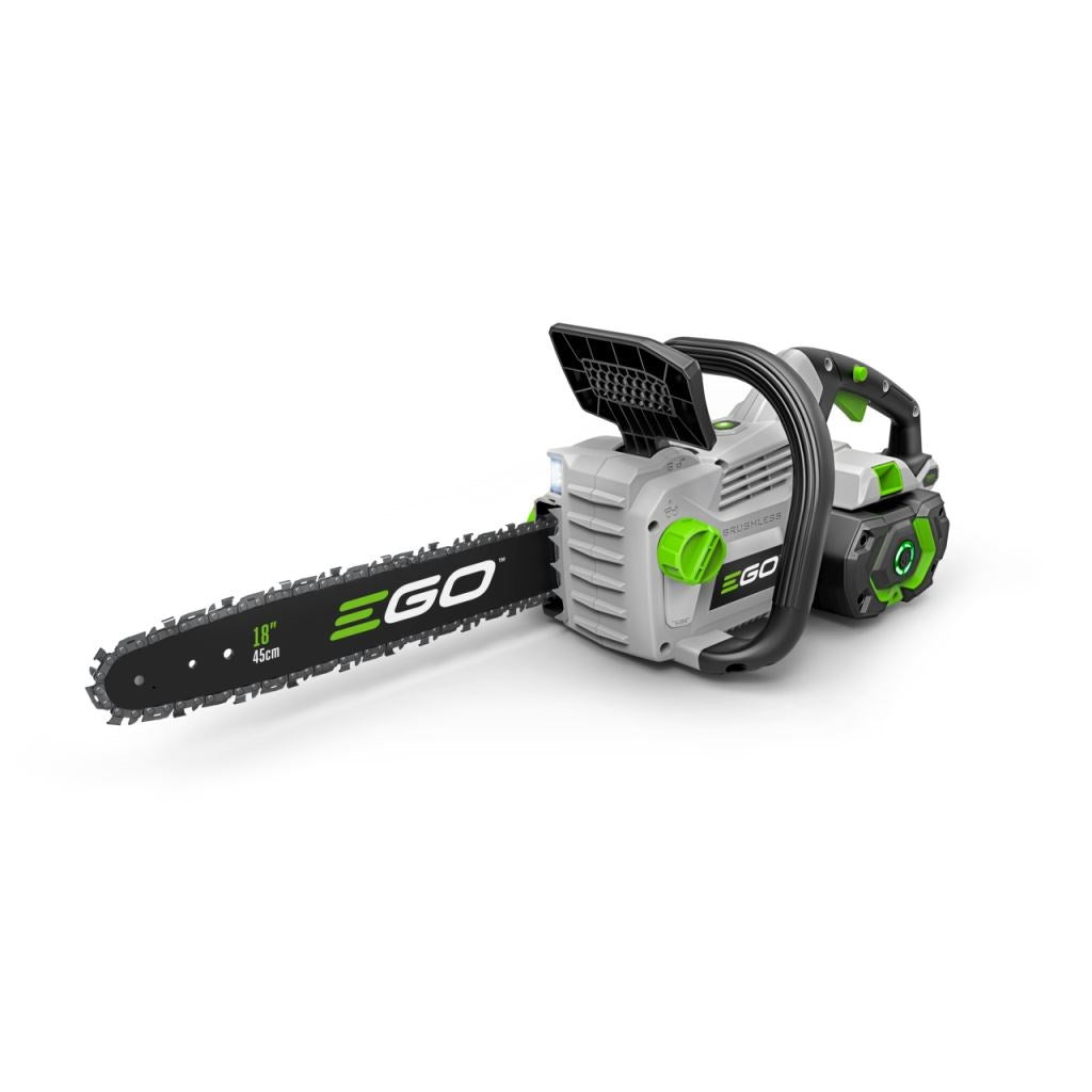 Ego chainsaw with 18" bar - CS1800E front view, unit with battery inserted
