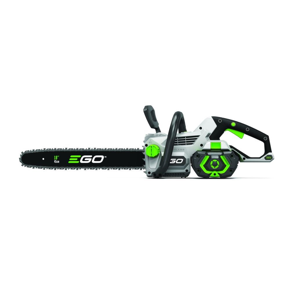 Ego chainsaw with 18" bar - CS1800E side view, unit with battery inserted