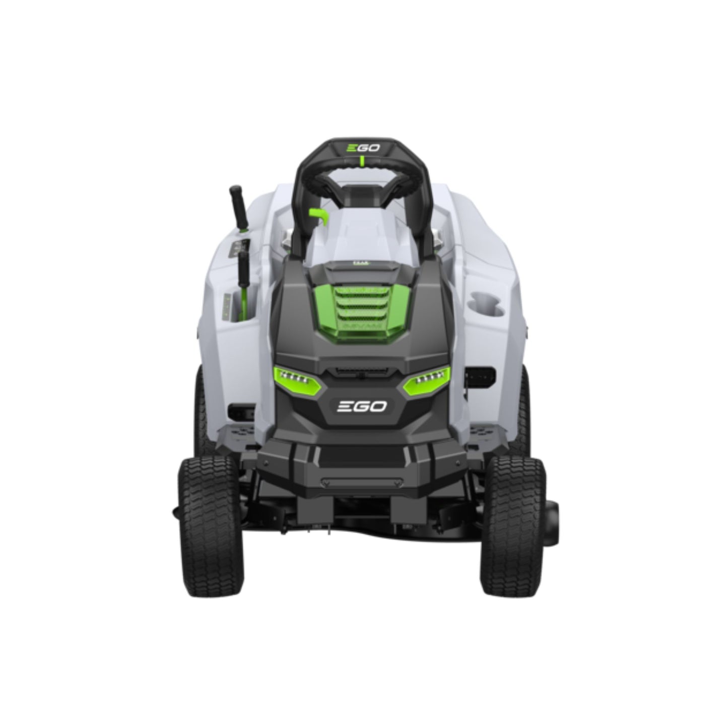 Ego battery powered ride on mower with grey body and green detailing TR3801E-B front view