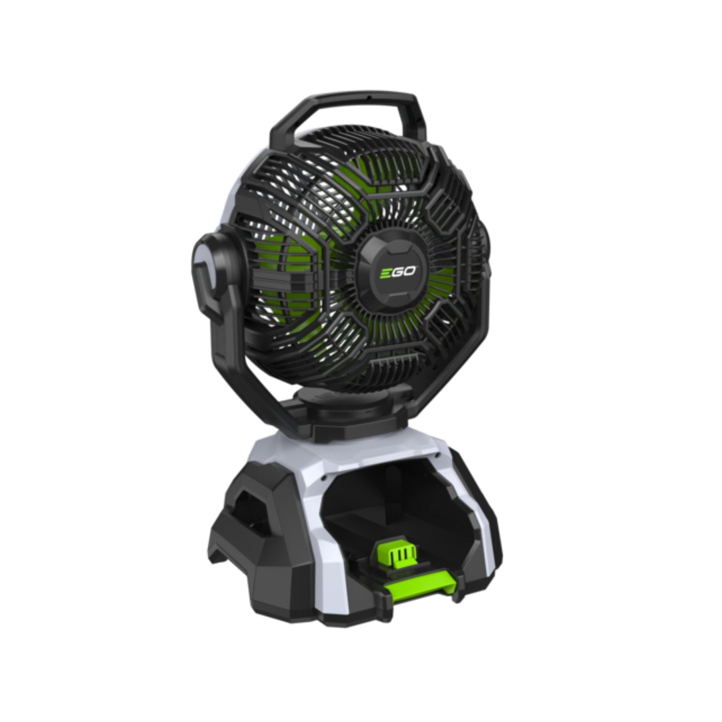 Black and green portable fan on a white background