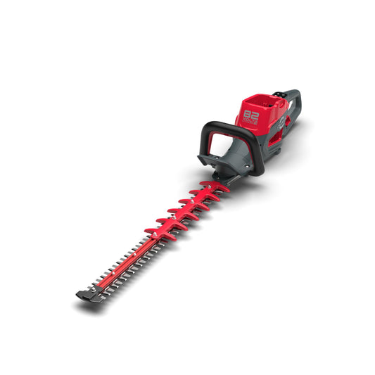 Red and black hedge trimmer on a white background