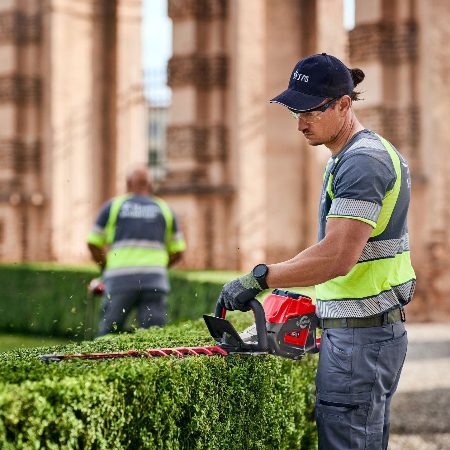Man trimming hedges with a hedge trimmer in a garden setting