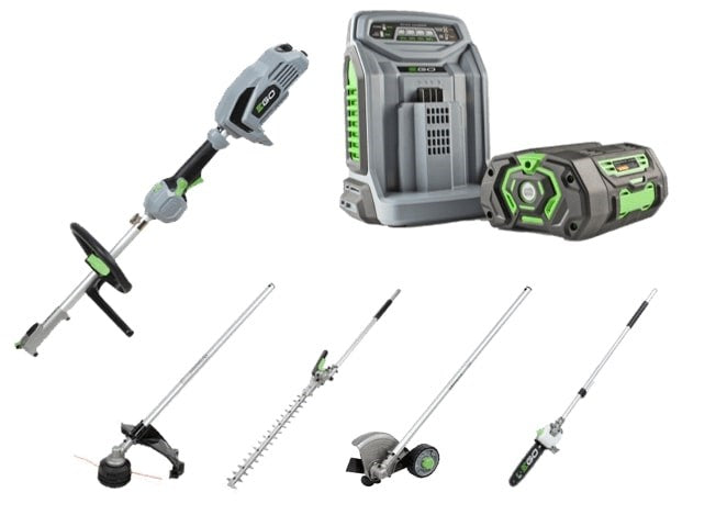 Ego multi-tool 8 piece set with powerhead, hedgetrimmer, pole-saw, trimmer, grass edger attachmements with battery and rapid charger