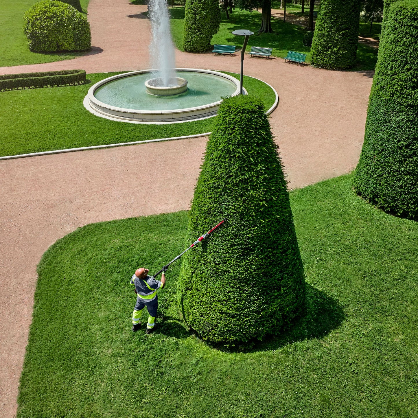 Person trimming a large conical shrub in a well-manicured garden with a fountain in the background.