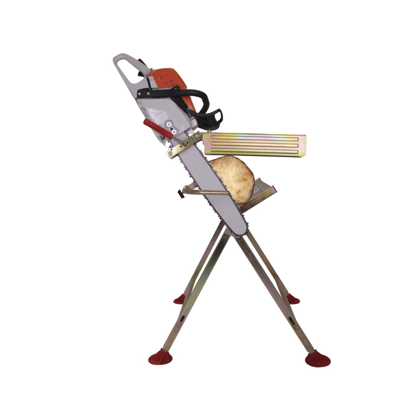 Chainsaw on a stand with a white background