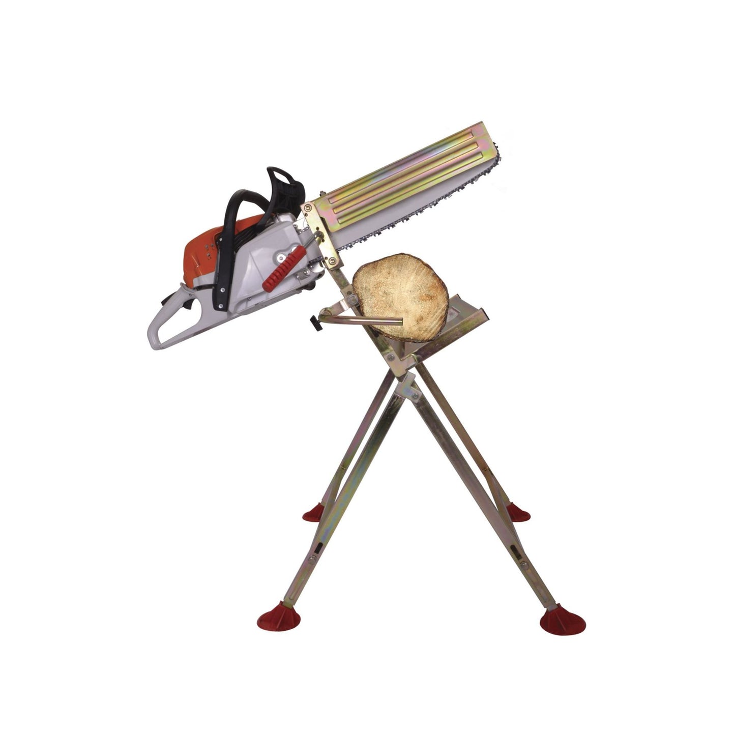 Chainsaw on stand cutting a log on a white background