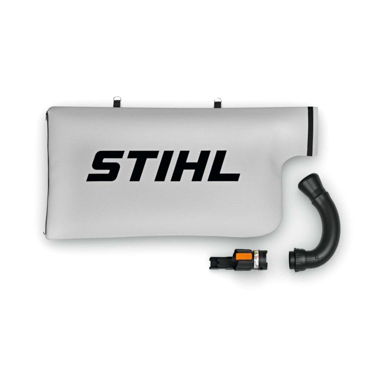 STIHL SHA56 blowr vacuum bag and attachments with black and orange connectors on a white background