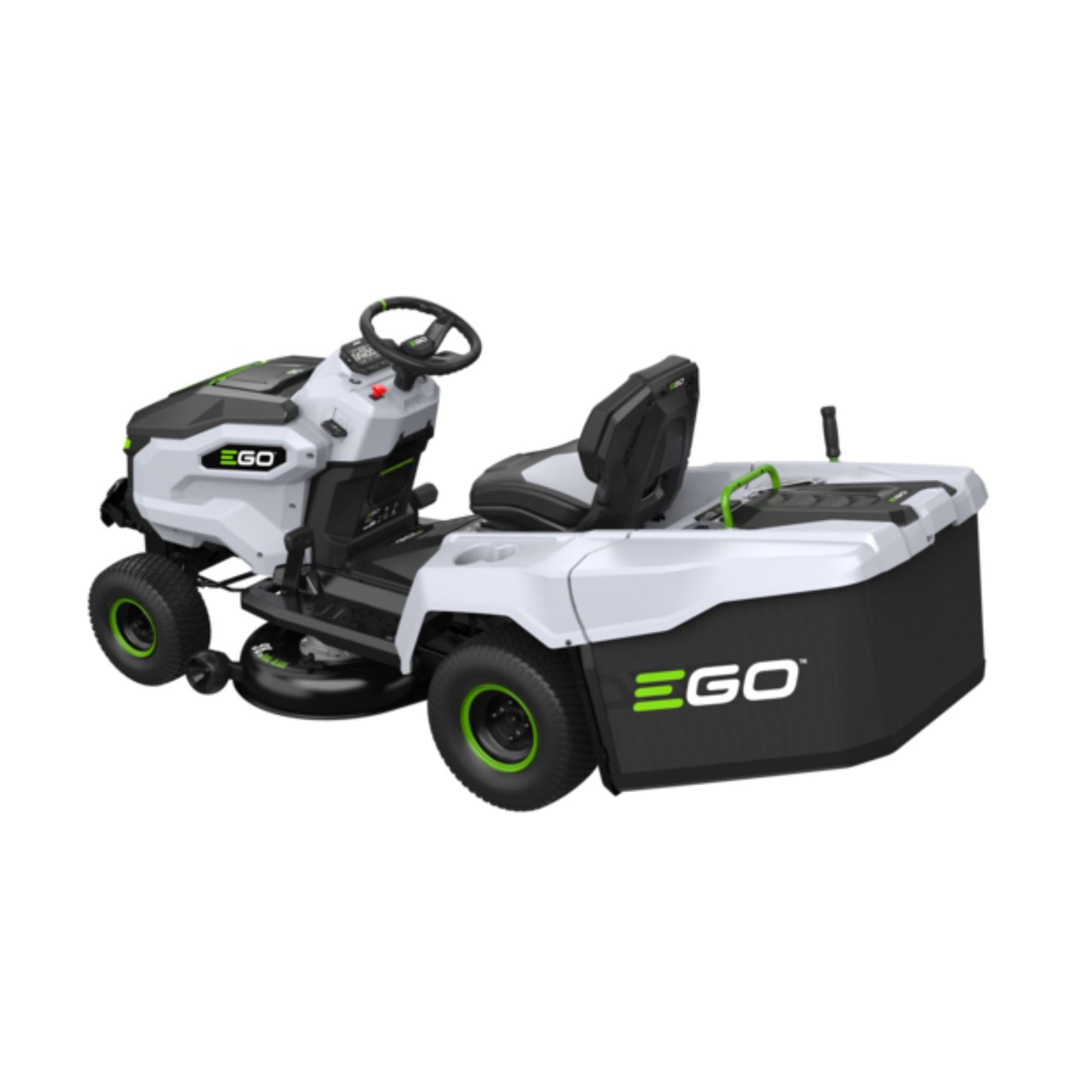 Ego battery powered ride on mower with grey body and green detailing TR3801E-B collection bag view