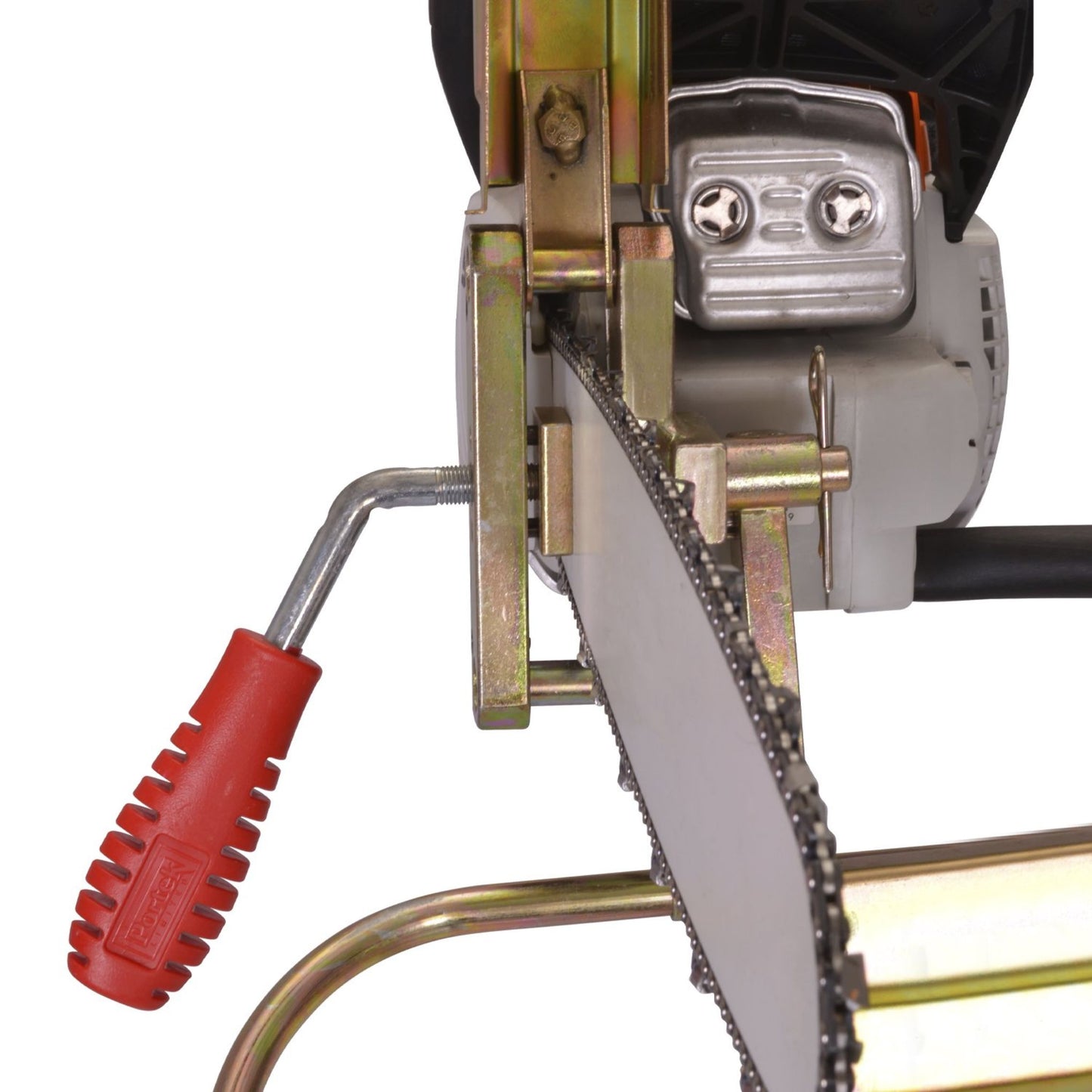 Close-up of a chainsaw with a red handle on a white background