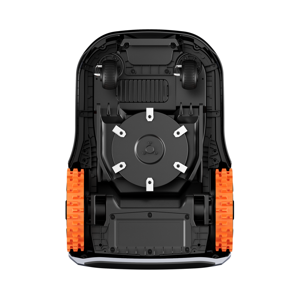 Deck view of a black and orange robotic grass mower on a white background