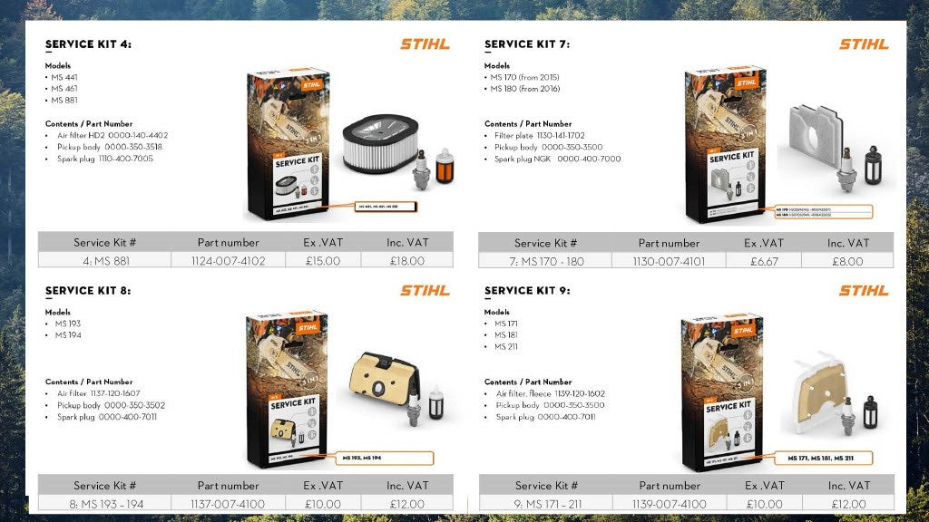stihl service kits 4, 7, 8, 9 for stihl petrol hand held garden machinery