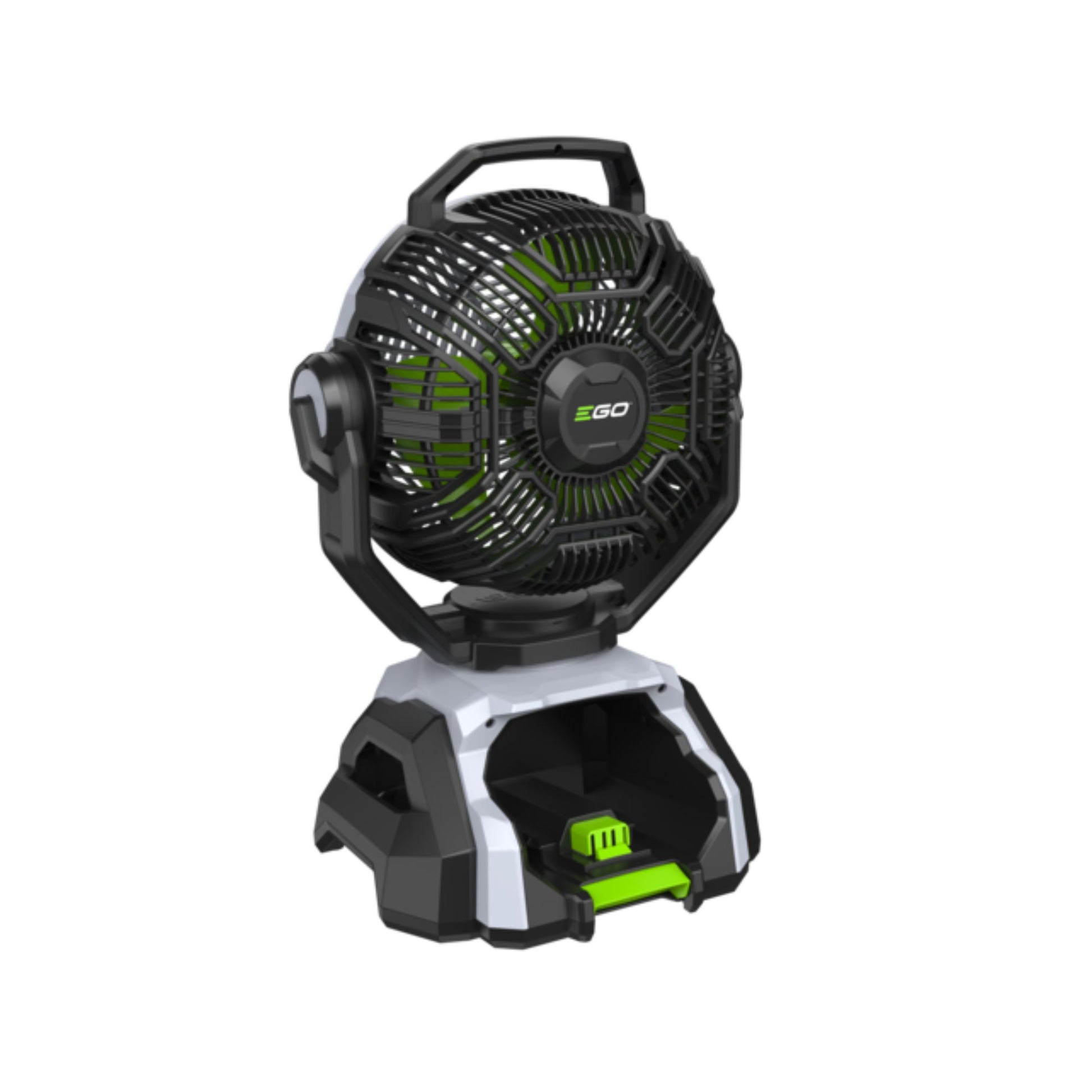 Black and green portable fan on a white background