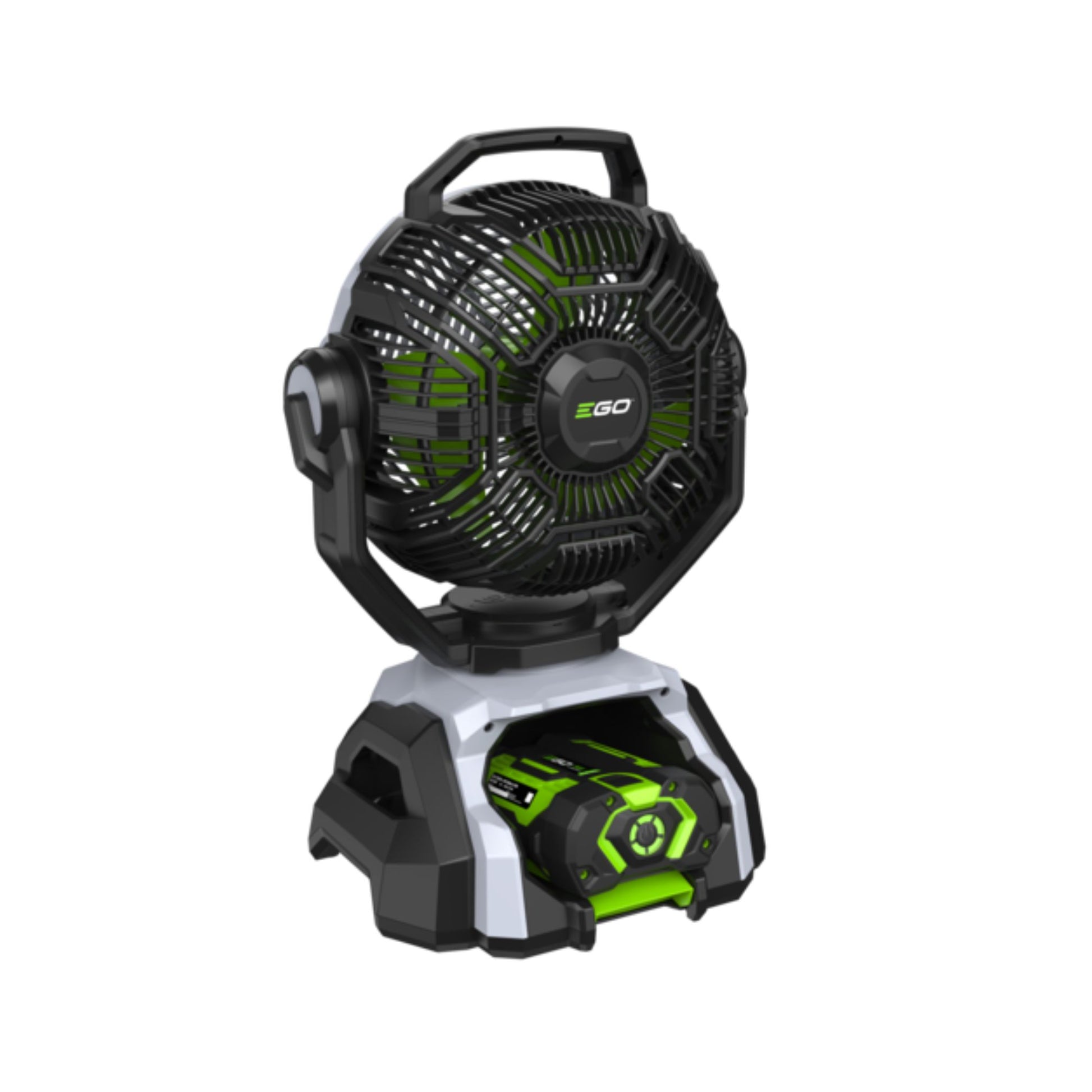 Portable fan with battery and EGO branding on a white background