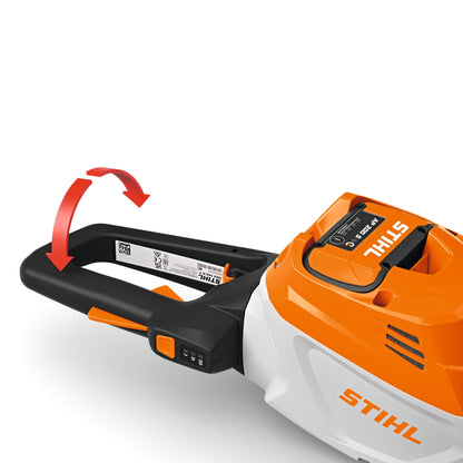 Stihl battery-operated chainsaw on a white background handle view