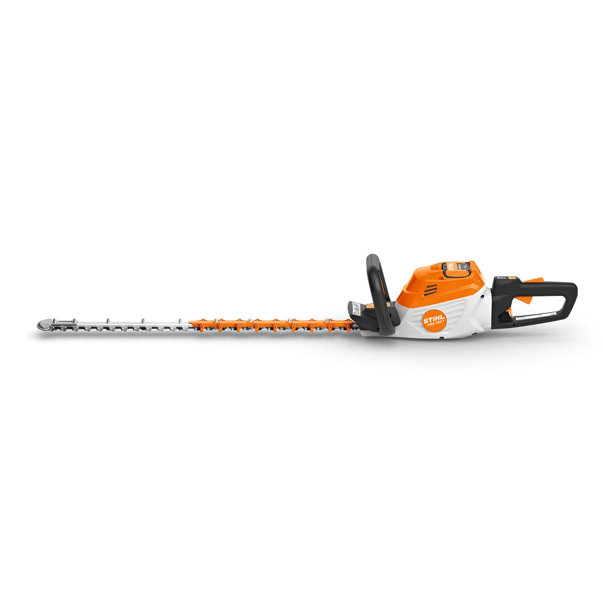 Hedge trimmer with orange and black design on a white background