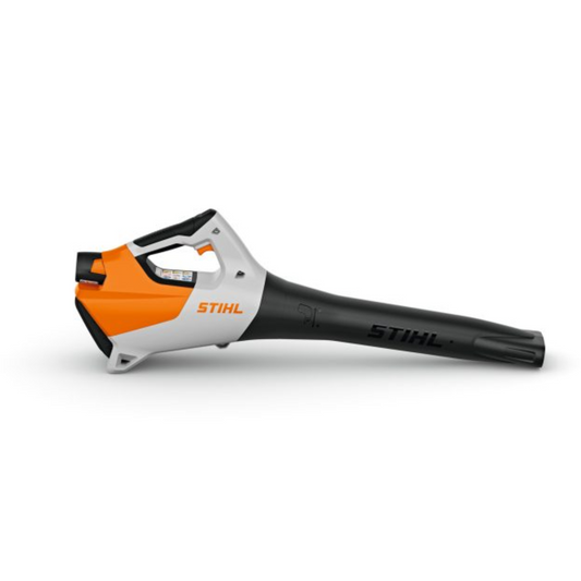 Orange black and white cordless leaf blower with Stihl Logo to side