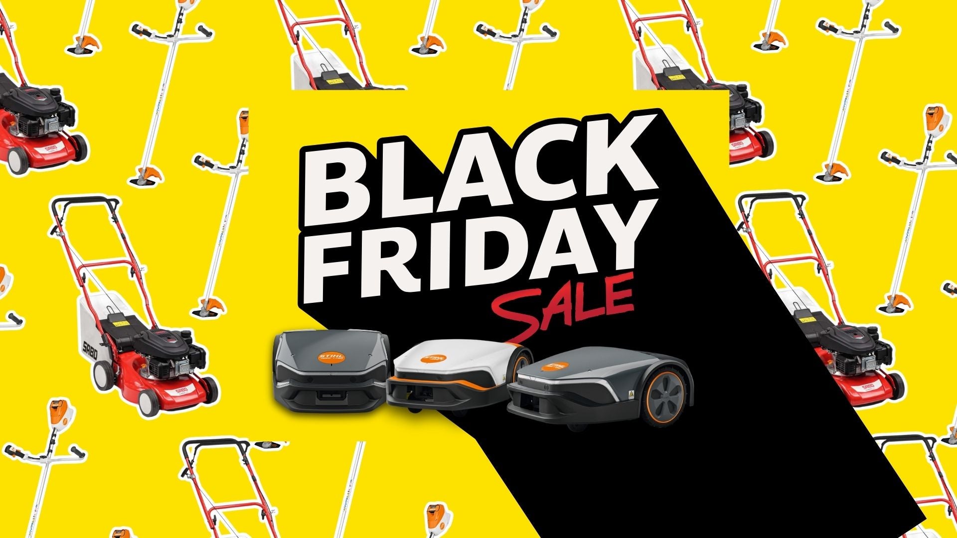 Black Friday sale banner with lawn mowers on a yellow background