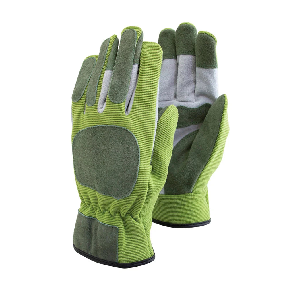 Pair of green and gray gardening gloves on a white background