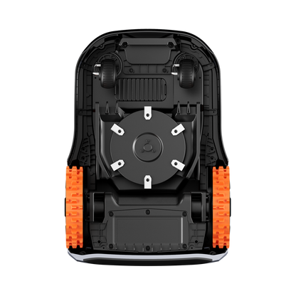 Deck view of a black and orange robotic grass mower on a white background
