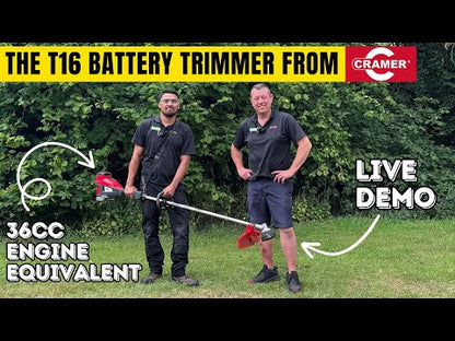 Men holding red and black strimmer while wearing harness