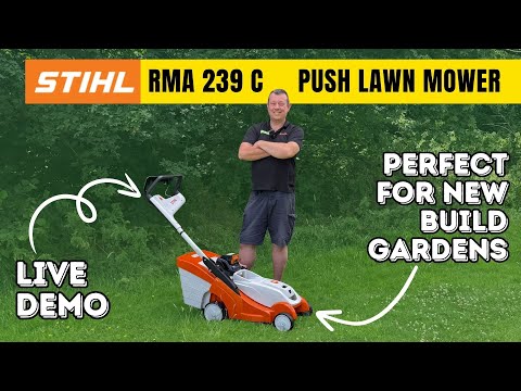 YouTube video with man standing behind orange and white lawnmower about the Mow grass