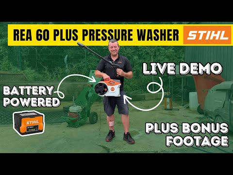 Man holding orange and white mini pressure washer with lance pointing in the air