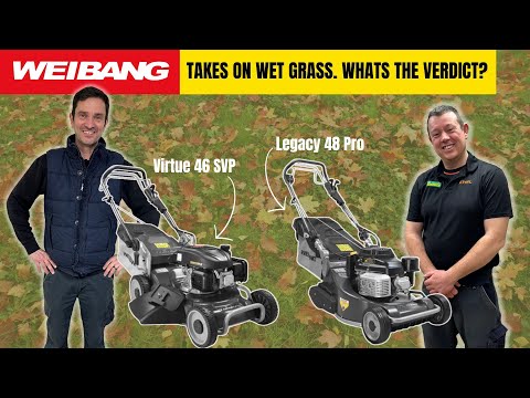 Weibang lawnmower demos for wet UK grass Virtue 46 SVP roller mower and Legacy 46 pro